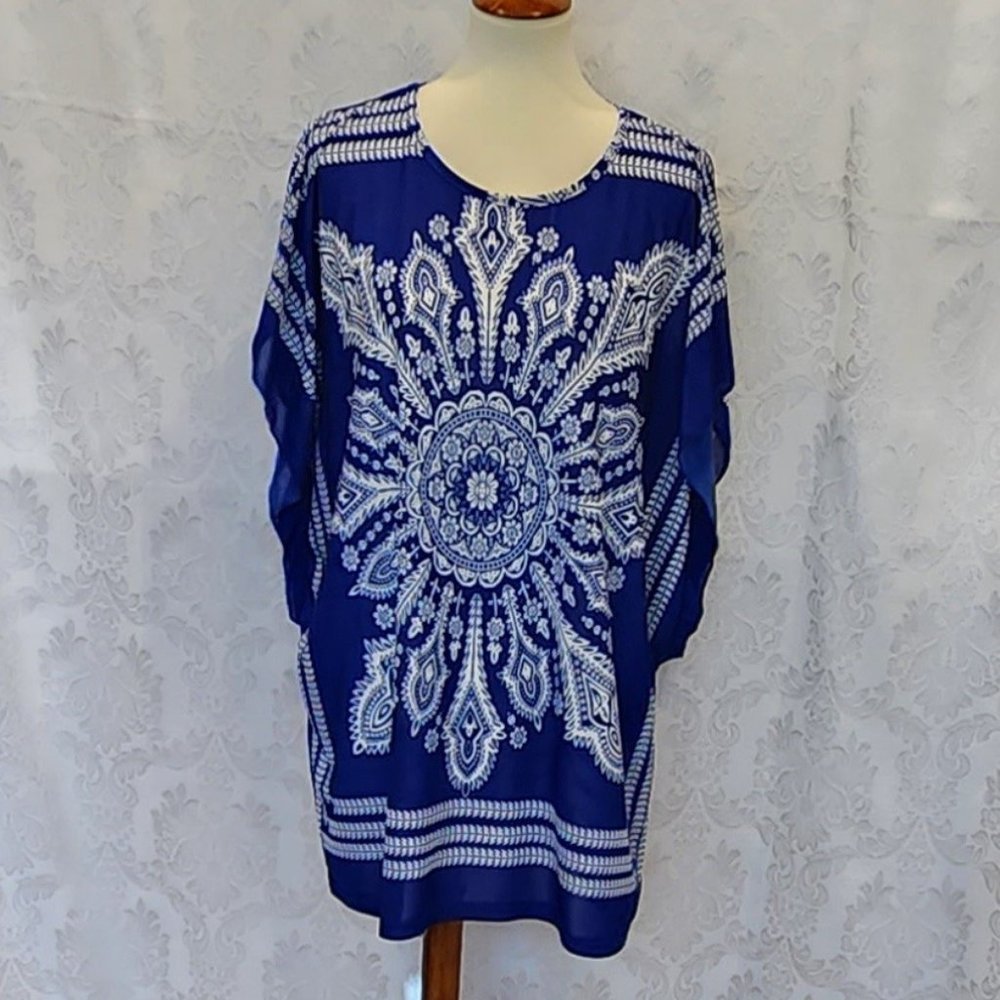 Blue & White Tunic Top/Swim Suit Cover Up
